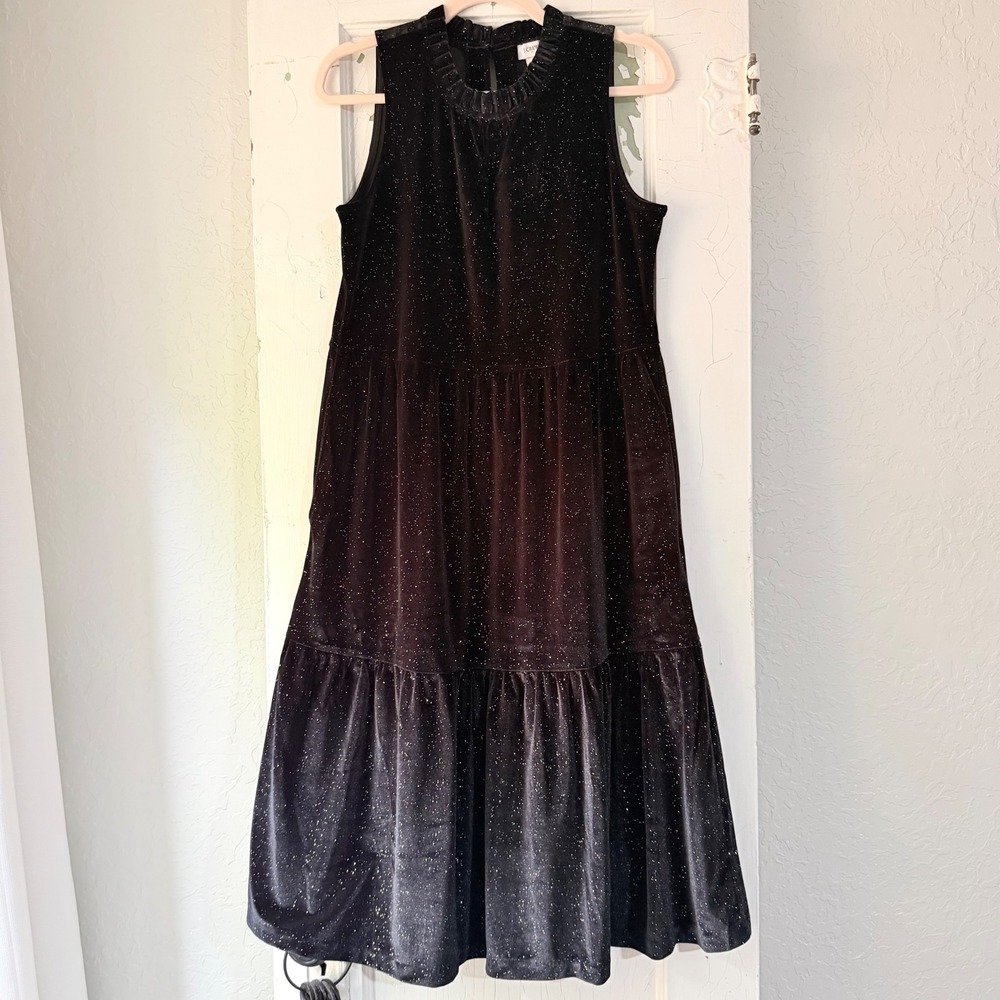 J.Crew Black Velvet Metallic Sparkle Tiered Sleeveless Midi Dress Size 6 BV968